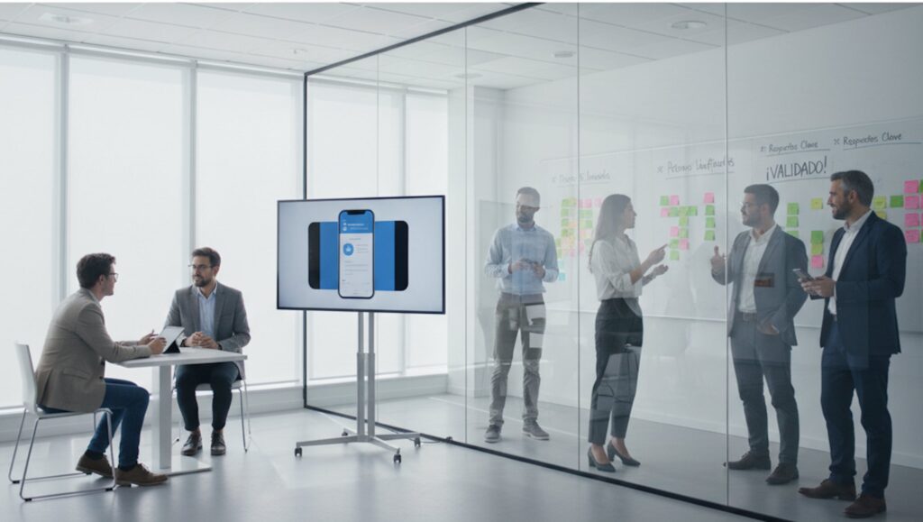 Equipo de trabajo analizando los resultados de un Design Sprint en una pantalla de presentación