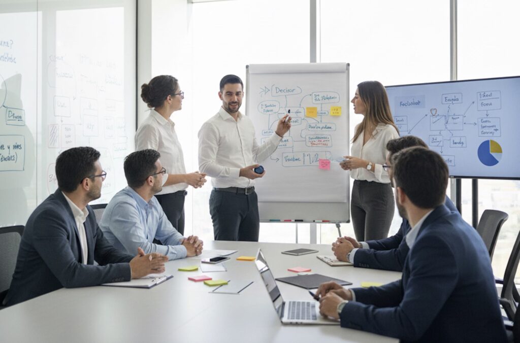 Equipo multidisciplinario en un Design Sprint, colaborando frente a una pizarra y pantallas para iniciar el proceso de innovación.