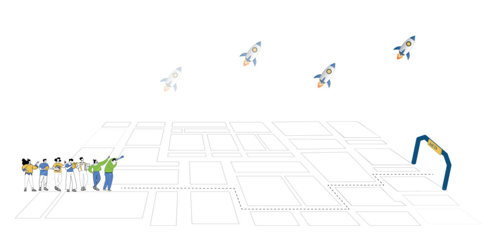 Ilustración conceptual del Día 1 del Design Sprint, mostrando al equipo en la línea de partida, cohetes simbolizando el lanzamiento del desafío, y una meta final con un trofeo.