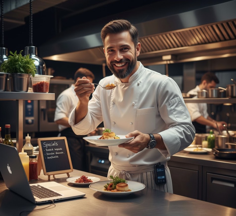 Un chef profesional en su cocina, representando uno de los tipos de emprendedor: el especialista que convierte su pasión, como la gastronomía, en un negocio formal y de alta calidad.