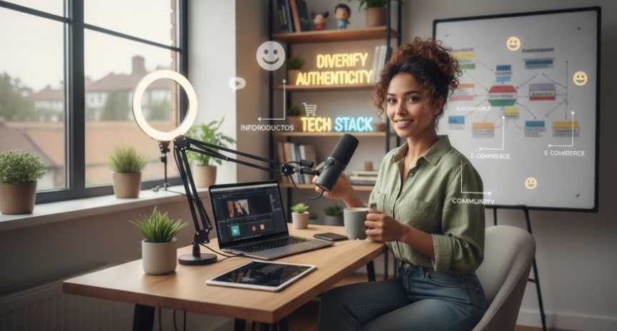 Una creadora de contenido en su estudio, representando uno de los tipos de emprendedor: el 'creator' que construye un negocio basado en su marca personal y comunidad digital.