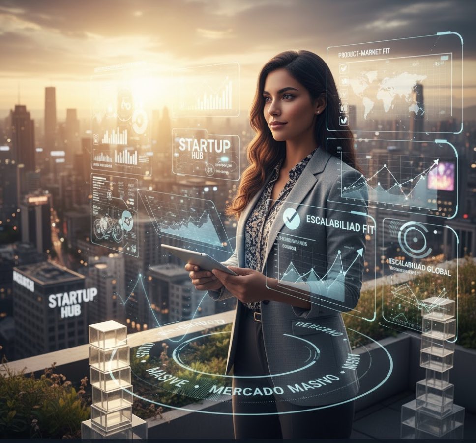 Una emprendedora interactuando con tecnología avanzada, representando uno de los tipos de emprendedor: el innovador, que utiliza la tecnología para crear soluciones disruptivas y transformar industrias.