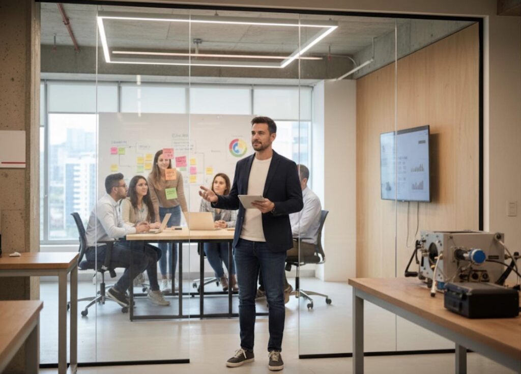 Un profesional presentando una idea innovadora a su equipo, representando uno de los tipos de emprendedor: el intraemprendedor que innova desde dentro de una empresa.