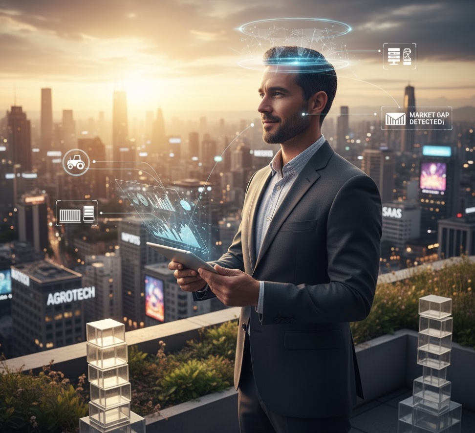 Un empresario con visión de futuro observando una ciudad tecnológica, representando uno de los tipos de emprendedor: el oportunista que identifica y capitaliza nuevas tendencias del mercado.