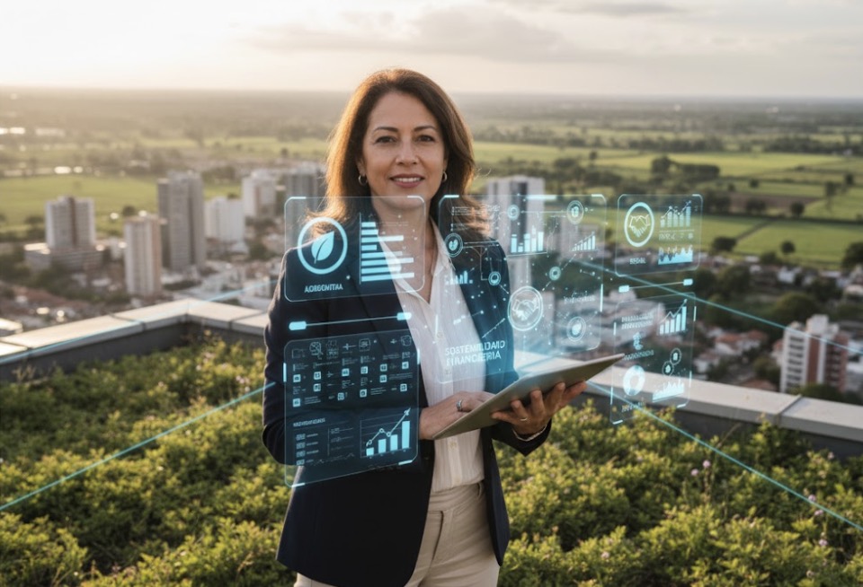 Una mujer observando el impacto de su trabajo en la ciudad, representando uno de los tipos de emprendedor: el social, enfocado en crear soluciones a problemas comunitarios.