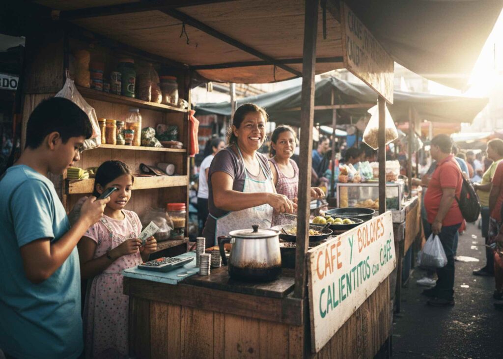 Imagen de un puesto de comida callejera que ilustra uno de los tipos de emprendedor: el emprendimiento por necesidad, enfocado en la subsistencia y la generación de ingresos diarios.