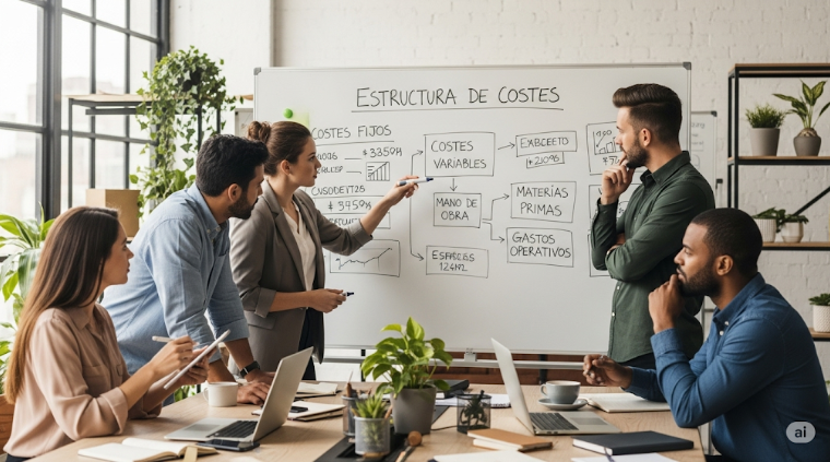 alternativo: Equipo de emprendedores analizando colaborativamente la estructura de costes en una pizarra como parte fundamental de su modelo de negocio canvas.