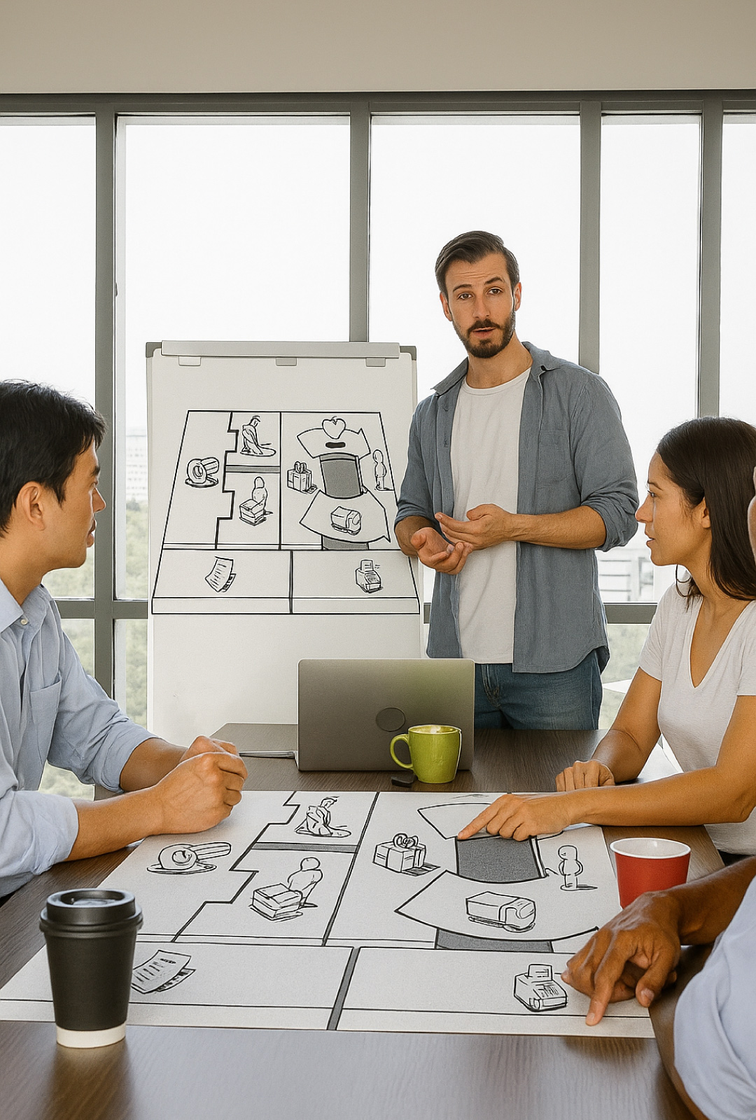 quipo de emprendedores analizando colaborativamente un modelo de negocio canvas en una pizarra para definir el "a quién, qué, cómo y cuánto" de su proyecto estratégico.