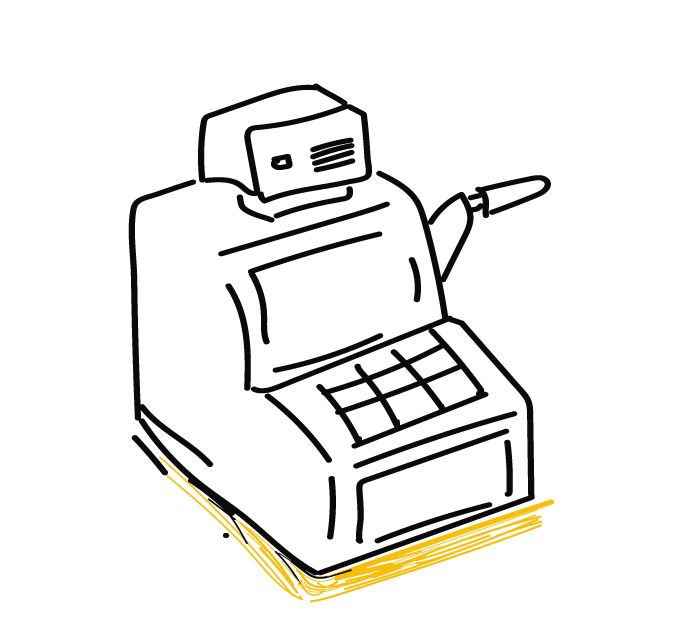 Icono de Fuentes de Ingreso para el modelo de negocio canvas, ilustrado como una caja registradora. Su base amarilla lo identifica como un pilar teórico fundamenta