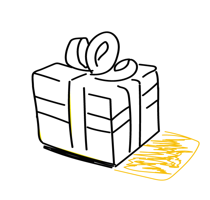 Icono de Propuesta de Valor para el modelo de negocio canvas, ilustrado como un paquete de regalo. Su base amarilla lo identifica como un pilar teórico fundamental.