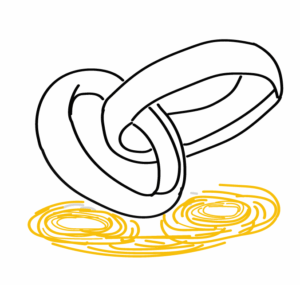 Icono de Socios Clave para el modelo de negocio canvas, ilustrado como dos anillos entrelazados. Su base amarilla lo identifica como un pilar teórico fundamental.