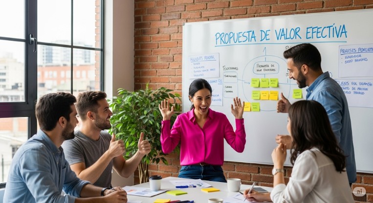 Equipo de emprendedores diseñando y analizando la propuesta de valor en un Business Model Canvas con post-its y laptop