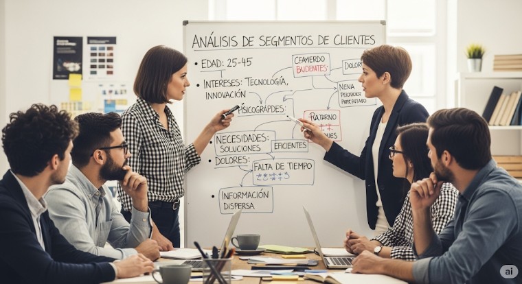 Equipo de emprendimiento definiendo los segmentos de clientes utilizando un Lienzo de Modelo de Negocio y post-its en una pizarra.