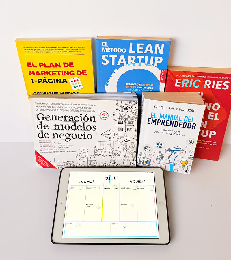 Fotografía de los libros fundamentales sobre emprendimiento, incluyendo "Generación de Modelos de Negocio" de Osterwalder y "El método Lean Startup" de Eric Ries, que forman la base teórica del modelo de negocio canvas.