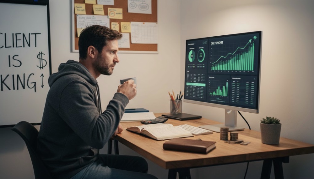 Un emprendedor trabajando en su oficina, representando uno de los tipos de emprendedor: el 'bootstrapper', que financia y construye su negocio con recursos propios.