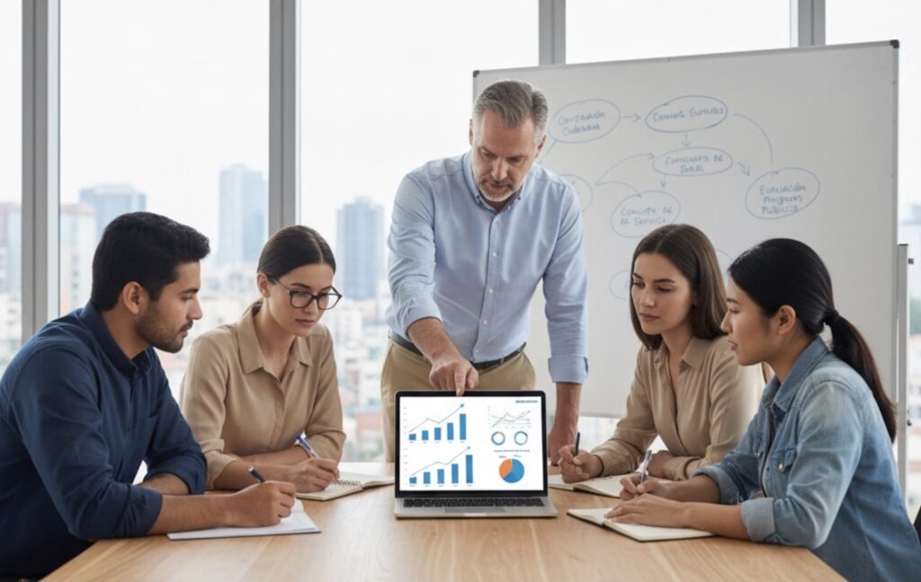Equipo de emprendimiento GovTech colaborando en el análisis de datos para soluciones públicas y cívicas