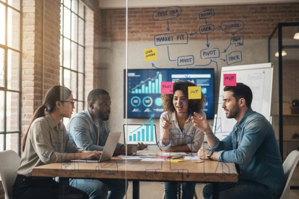 Equipo de emprendimiento colaborando en la planificación de una startup tecnológica con métricas de crecimiento y post-its