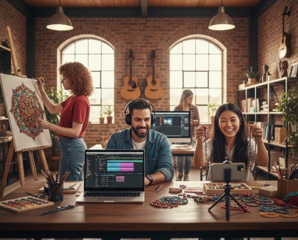 Equipo de emprendimiento en Economía Naranja creando arte, música y contenido digital en un estudio creativo