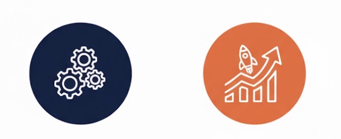 Iconos de la Fase 3 del emprendimiento: sistematización ágil y escalabilidad global.