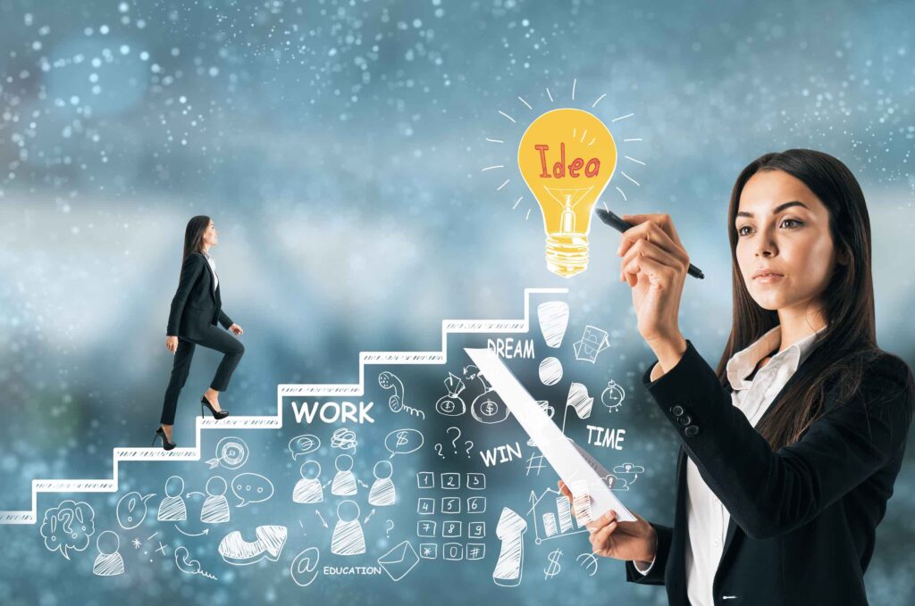 Mujer emprendedora planificando etapas de crecimiento y éxito en su emprendimiento