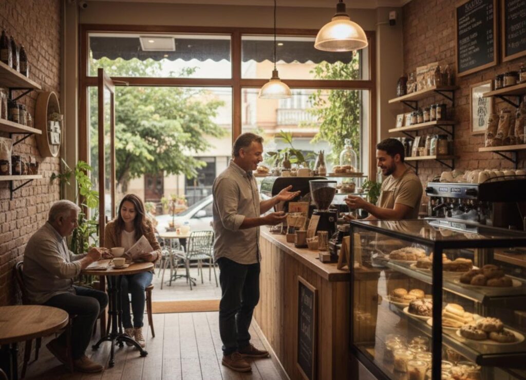 Emprendimiento tradicional: Empleado atendiendo clientes en una acogedora cafetería local