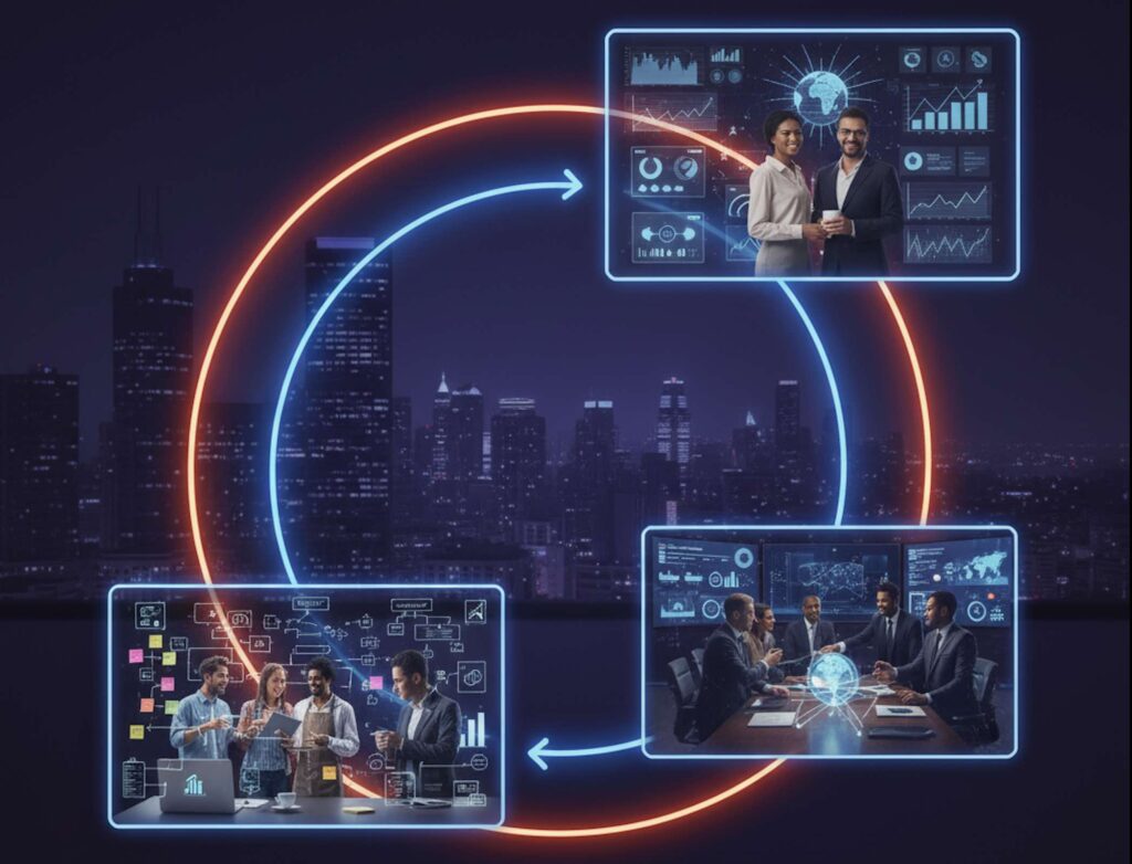 Representación visual del ciclo de vida de un emprendimiento, desde la ideación hasta la expansión, con equipos colaborando en cada etapa.