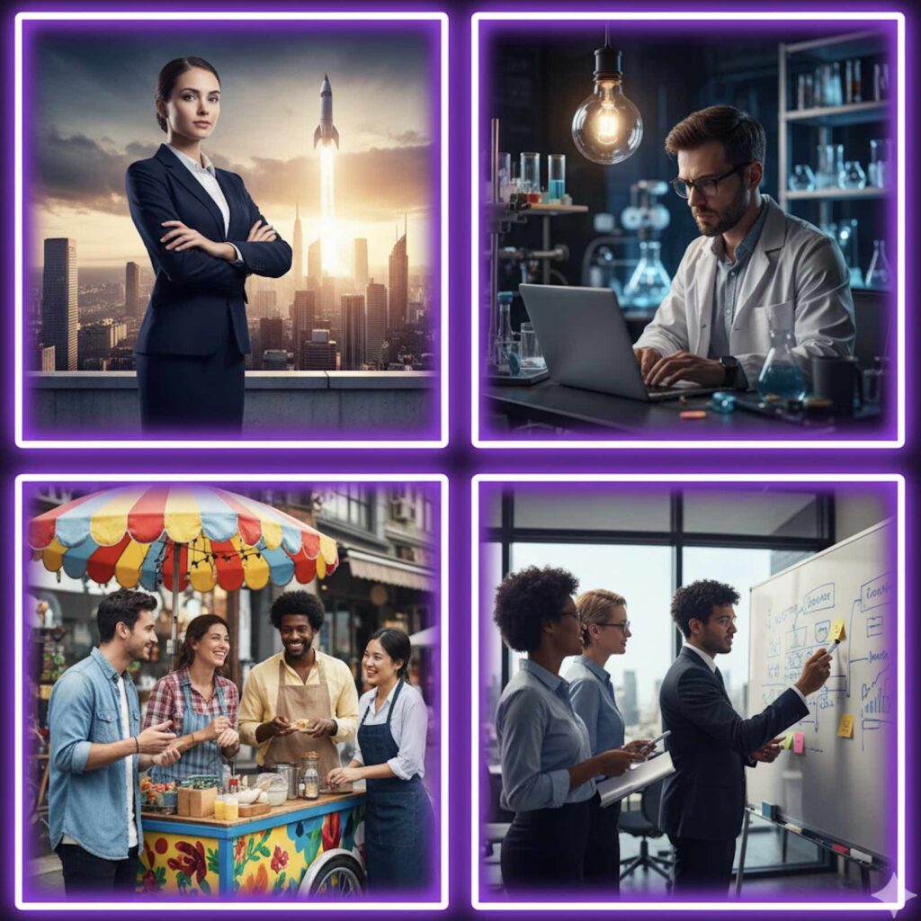 Collage de fotos que ilustra diversos tipos de emprendedores: innovador, tecnológico, social/artesanal y corporativo, en sus respectivos entornos.