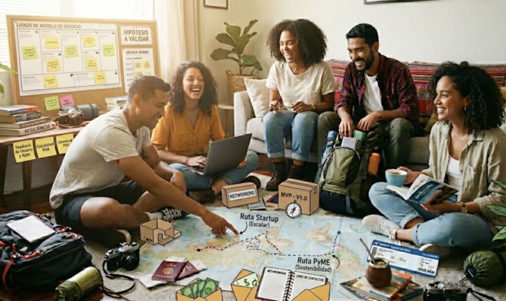 Grupo de emprendedores latinos planificando el viaje del emprendimiento, utilizando herramientas como el Lienzo de Modelo de Negocio, mapas de rutas (Startup y PyME) y prototipos para validar ideas